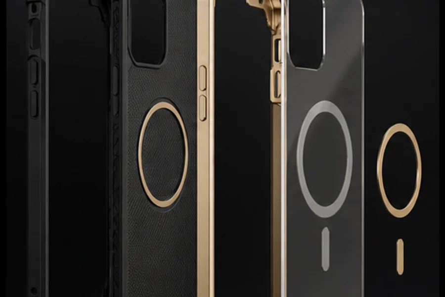 Exploded arrangement of a hybrid phone case with bumper, back and metal frame