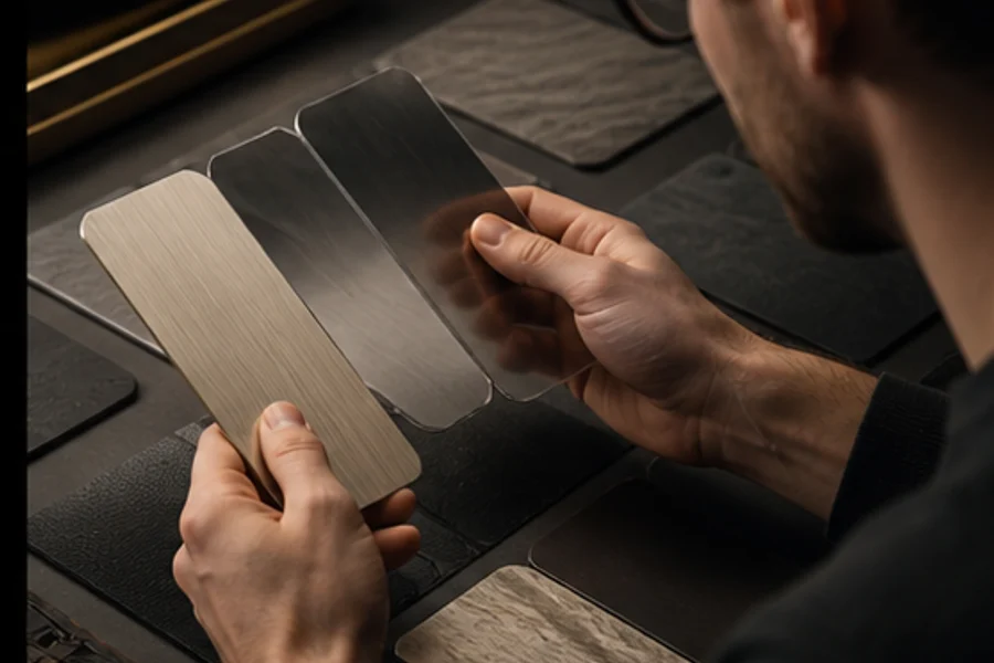 Product designer comparing brushed metal and matte phone case finish samples
