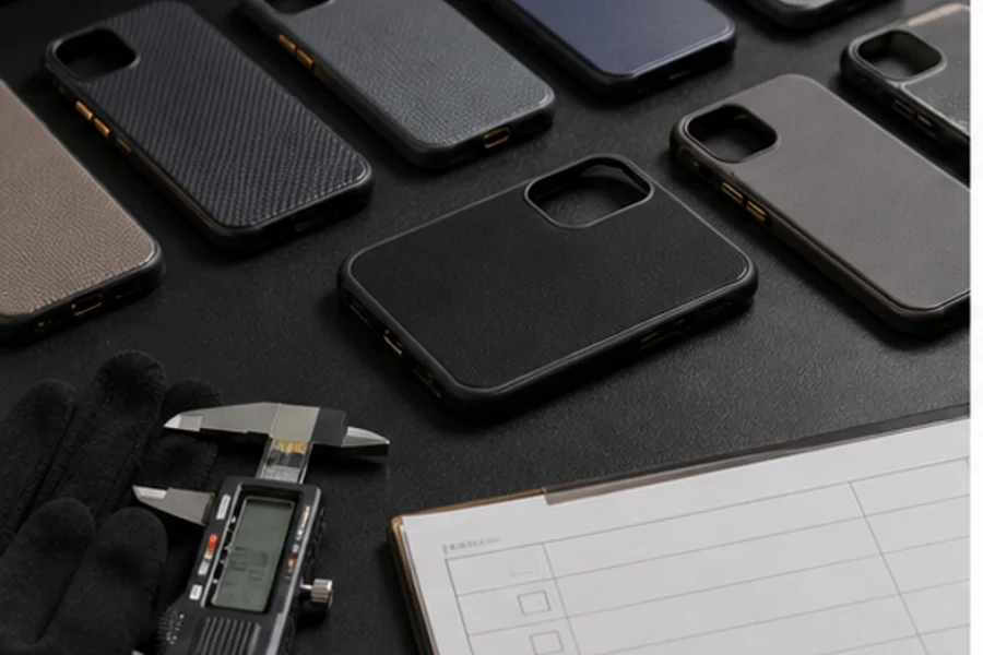 Organized phone case sample inspection desk with calipers and checklist