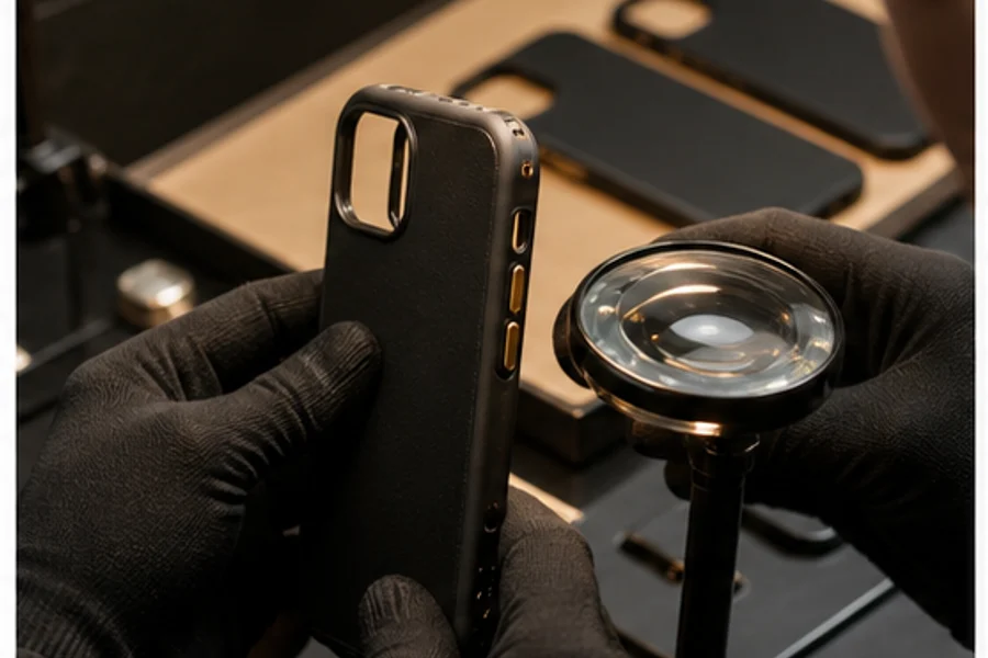 Inspector examining phone case buttons, camera opening and surface finish