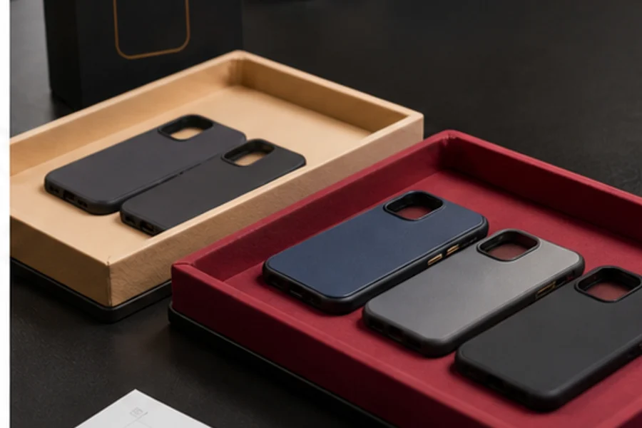 Phone case samples organized for approval and revision review with packaging